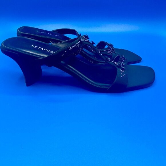 METAPHOR Black Heeled Sandals Festive Beading Leather Sole Women's Size 9.5 - Picture 3 of 9